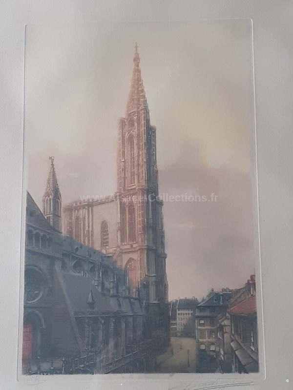 Petite France et Cathédrale Estampe gravée de Léopold Robin Strasbourg Alsace 